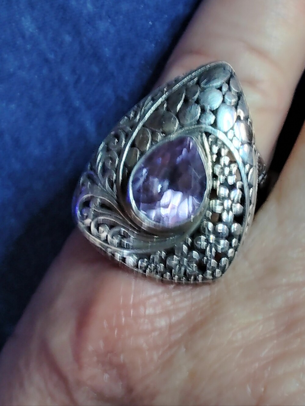 NWT-MODERN-AMETHYST, TRIANGULAR -PEBBLED MOTIF STERLING RING.  SIZE(S) 5 OR 8...